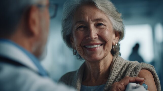 medium shot of the senior patient smiling with confidence as the doctor administers the shot, authentic emotional expression, cinematic lighting - Powered by Adobe