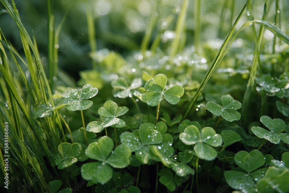 Poster fresh clover and grass are covered with sparkling dewdrops in the morning. use it for st. patrick's 