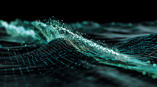 Abstract gradient particle waves seamlessly flowing with soft purple light and bokeh. Orange and blue digital waves. Technology, engineering, science, and artificial intelligence background