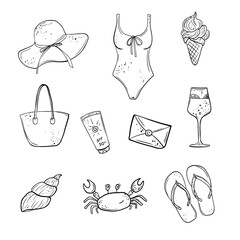 Set of hand-drawn summer and sea-themed vector illustrations, including marine animals, kids in sailor outfits, nautical objects, beach accessories, and ocean elements. Perfect for coloring pages