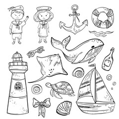 Set of hand-drawn summer and sea-themed vector illustrations, including marine animals, kids in sailor outfits, nautical objects, beach accessories, and ocean elements. Perfect for coloring pages