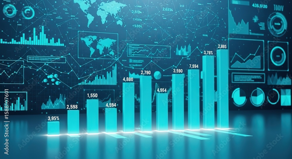 Poster futuristic digital data visualization with global maps and growing bar charts