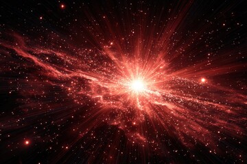 Naklejka premium Bright cosmic explosion with red nebula, stars, and light streaks on dark background. Great for sci-fi book covers, or abstract concept presentations.