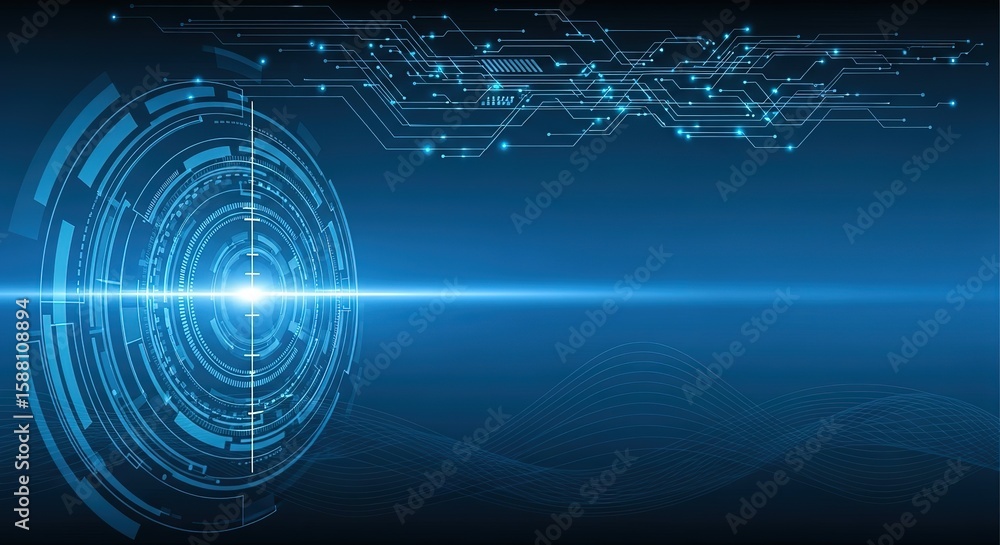 Poster futuristic digital interface with glowing circuitry and concentric blue circles