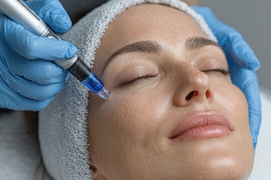 Woman receiving microneedling with gloved hands and towel. For advertising facial rejuvenation, beauty, and anti-aging treatment.