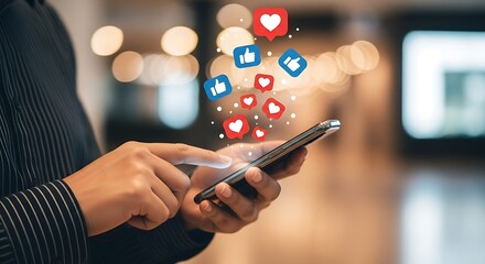 Person using a smartphone with social media icons and notifications floating