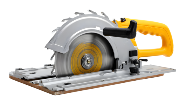 A close up shot of a yellow and silver circular saw with a sharp blade on a black background