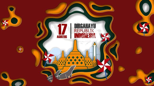 Indonesia Independence Day animation with paper cut style, iconic landmarks, traditional games, and red-white accents. Celebrates 17 August with patriotic and cultural elements in 4K loop.
