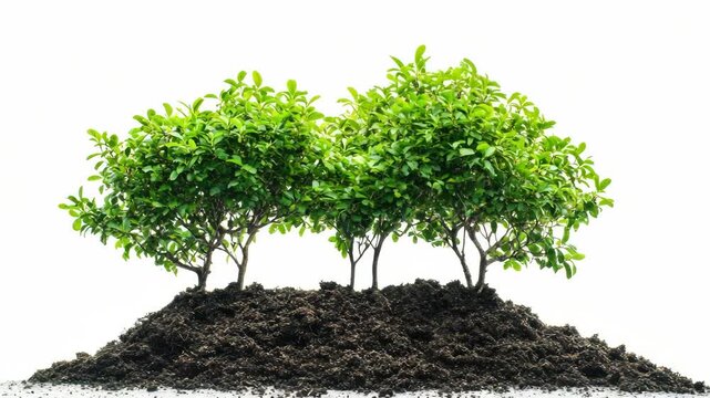 Set of three small saplings in soil with growth and development concept