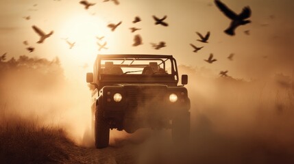 Fototapeta premium Open Vehicle Driving on Dirt Road with Flying Birds