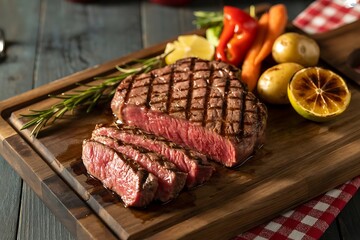 Juicy grilled steak sliced and served with roasted vegetables including carrots and bell peppers garnished with rosemary and lemon on a wooden board