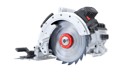 A close up view of a white and gray circular saw with a red center on a black background