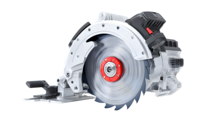 A close up view of a white and gray circular saw with a red center on a black background