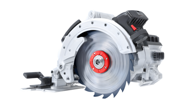A close up view of a white and gray circular saw with a red center on a black background