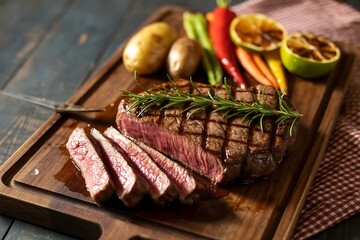 Juicy grilled steak sliced and served with roasted potatoes carrots chili peppers and grilled lemon on a wooden board
