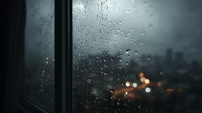 Raindrops on a window with a blurred city skyline in the background, a moody and atmospheric scene | Rain, Window, City, Drops, Moody
