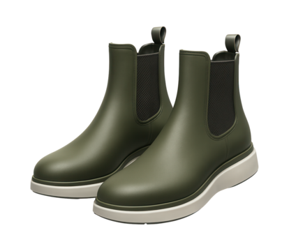 Olive green rubber chelsea boots with a contrast white sole