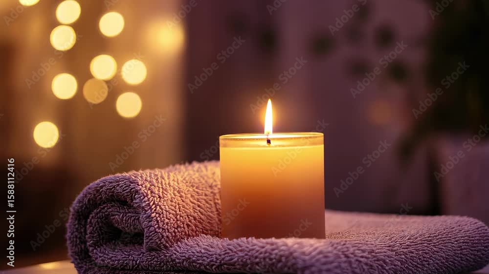 Poster cozy dimly lit room with a lit candle resting on a rolled towel creating a calming atmosphere, lit c