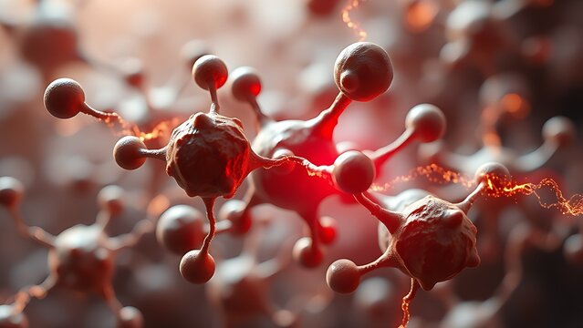 Surreal molecular structure with coffee-hued energy waves activating cells, depicting anti-aging research.