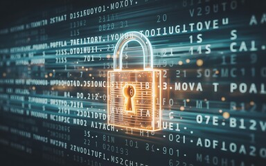 Glowing digital padlock secured against a background of flowing computer code and data streams representing cybersecurity and information protection