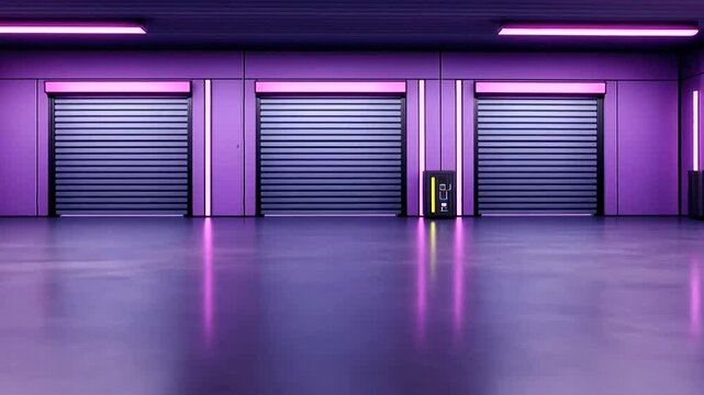 Illuminated purple warehouse interior with closed shutter doors and polished floors