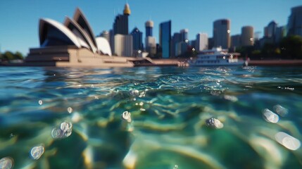 Vibrant view of Sydney Harbour with iconic opera house and shimmering water, city skyline backdrop