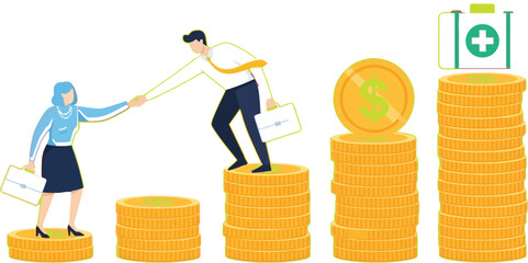 Business partners help each other on stacks of money with a medical kit