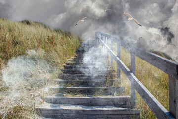 Mystical Wooden Stairway Ascending Grassy Sand Dune with Fog and Gulls