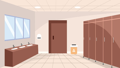 Public toilet architecture. Restroom interior. Mall toilet. School toilet. Washbasin. Toilet door. Hand dryer.