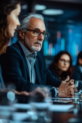 Investors make decisive decisions in the meeting room, with lights illuminating their serious expressions