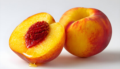 Slice of ​​peach fruit and peach juice dripping from it on a white background