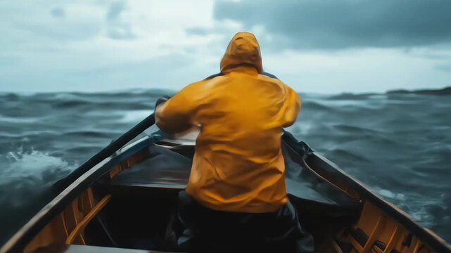 A lone rower in a yellow raincoat facing turbulent ocean waves.