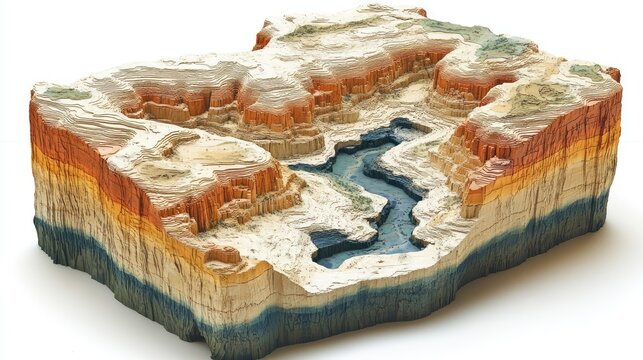Detailed Topographical Model of a Canyon with River Showing Geological Layers and Elevation Changes
