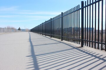 Black metal fence casting long shadows on a concrete pathway under a clear blue sky, creating a striking visual perspective and depth