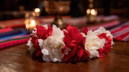 Obraz premium Vibrant floral wreath with red and white blooms on polished wood, warm golden cup, glowing candles, colorful striped fabric in softly-lit festive background.