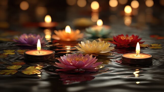 Candles and lotus flowers float on water, softly glowing in the dark. Ideal for themes of peace, hope, spirituality, and mindfulness.