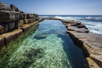 Fototapeta premium Crystal-clear rock pool at ocean's edge (1)