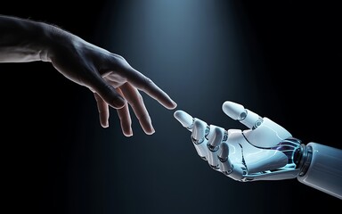 Human hand reaching to a robotic arm signifies connection, artificial intelligence, technology, and the future of robotics