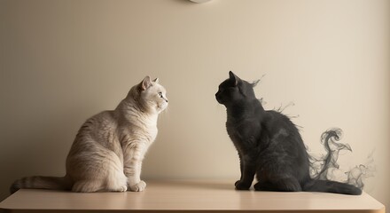 Ghostly goodbye: A beige cat watches as a black cat dissolves into smoke, A poignant farewell: A light-colored cat observes a dark feline fading into smoky tendrils