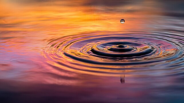 A single water drop creates concentric ripples on a smooth surface reflecting the warm glow of the setting sun.