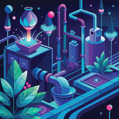 Cyber Water Plant Run by AI with Glowing Pipelines Vector
