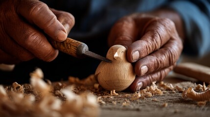Close-up of elderly hands sanding a wooden object in a traditional woodworking environment.