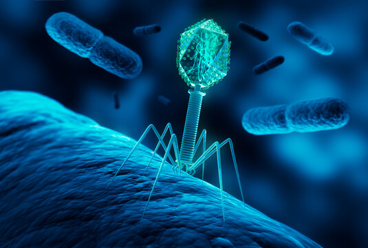 Medical illustration of a bacteriophage infecting bacterium - 3D illustration