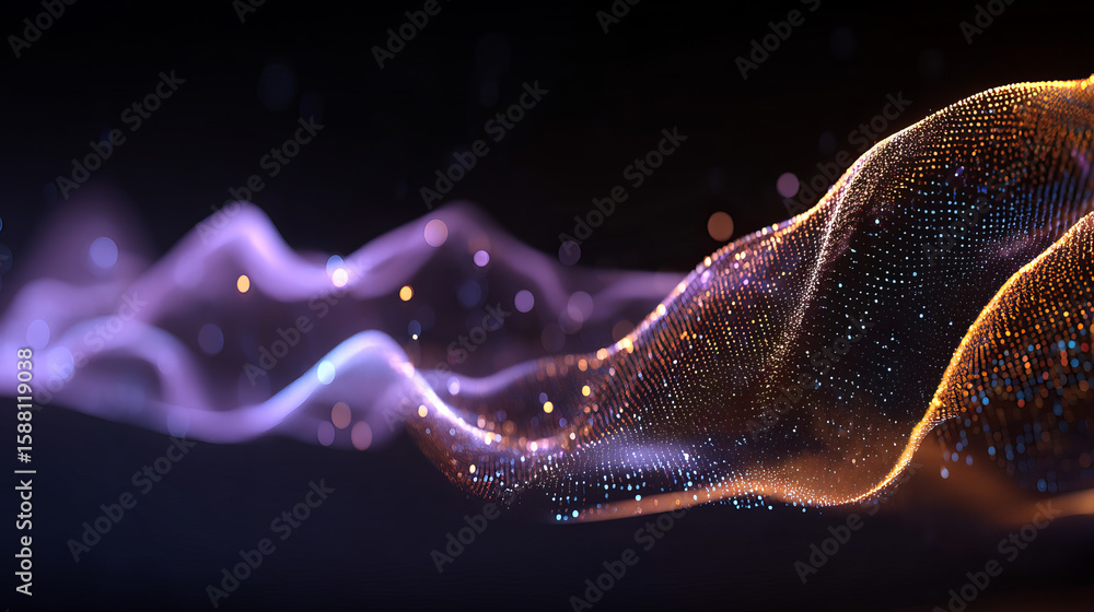 Aufkleber abstract gradient particle waves seamlessly flowing with soft purple light and bokeh. orange and blu