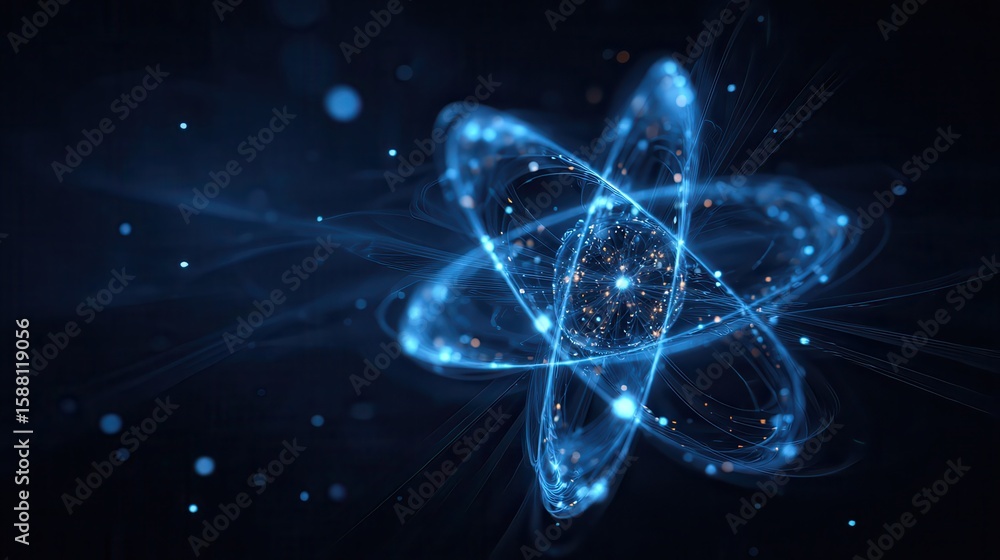 Aufkleber futuristic abstract design of atom with glowing blue lines, points. advanced tech concept for nuclea