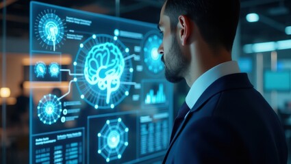 Over-the-shoulder view of a businessperson analyzing artificial intelligence data on a transparent futuristic screen, with digital holograms, neural networks, and charts, in a high-tech office space, 