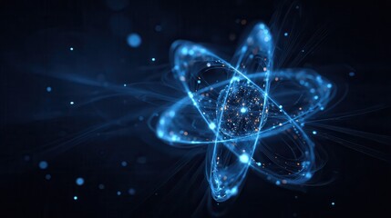 Futuristic abstract design of atom with glowing blue lines, points. Advanced tech concept for nuclear energy, AI. Modern graphic design with 3D elements, automation. Innovation.