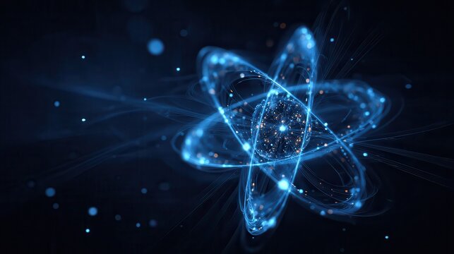 Futuristic abstract design of atom with glowing blue lines, points. Advanced tech concept for nuclear energy, AI. Modern graphic design with 3D elements, automation. Innovation.