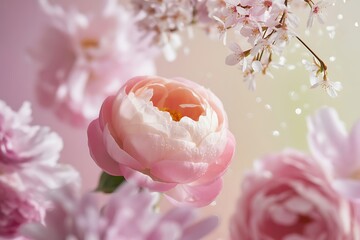 Delicate pink peony flower with water droplets and soft bokeh background with cherry blossoms and falling petals