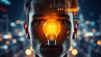 A conceptual double exposure of a human head in side profile with a glowing lightbulb inside, symbolizing creativity and ideas. Urban cityscape and technology overlays in the background. High contrast